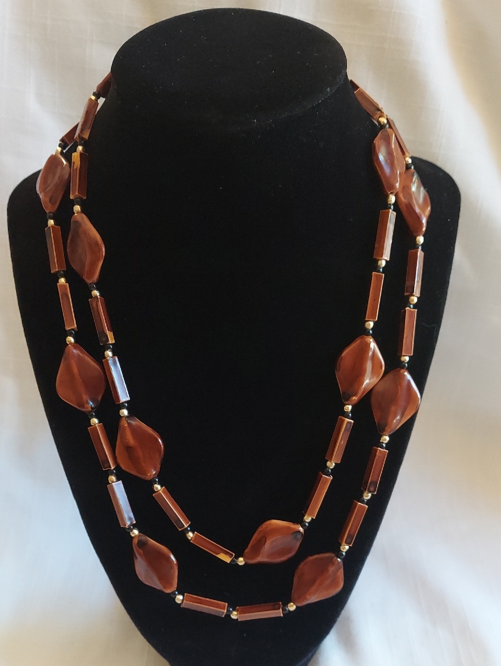 Brown, Black & Gold Tone Beaded  Women's Necklace Vintage